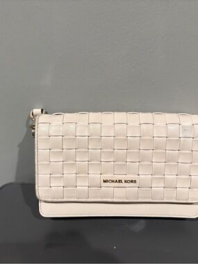 Michael Kors Woven Leather Crossbody in Off-White with Gold Hardware